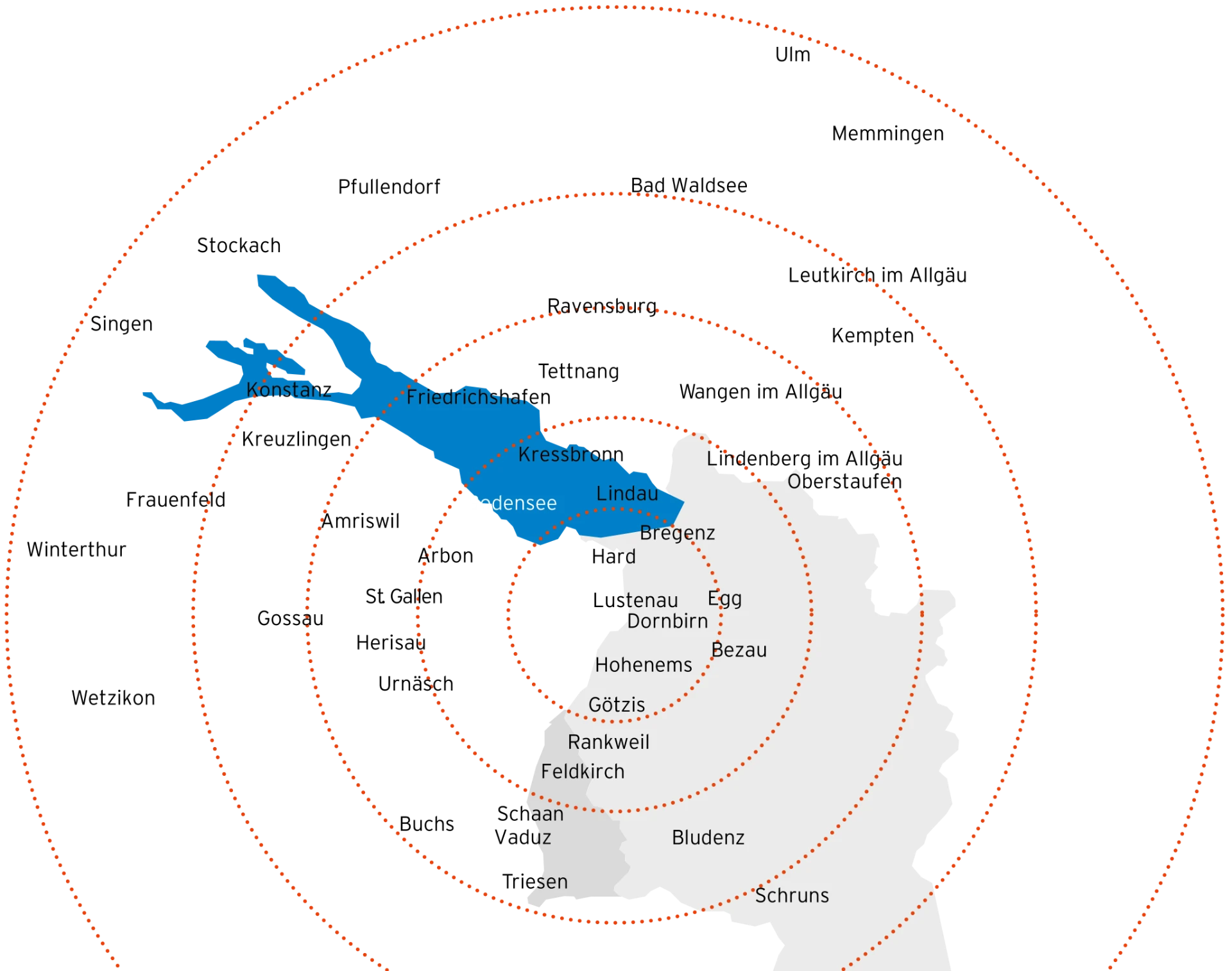 Sendegebiet ANTENNE VORARLBERG: Vorarlberg, Liechtenstein, Ostschweiz und Süddeutschland rund um den Bodensee